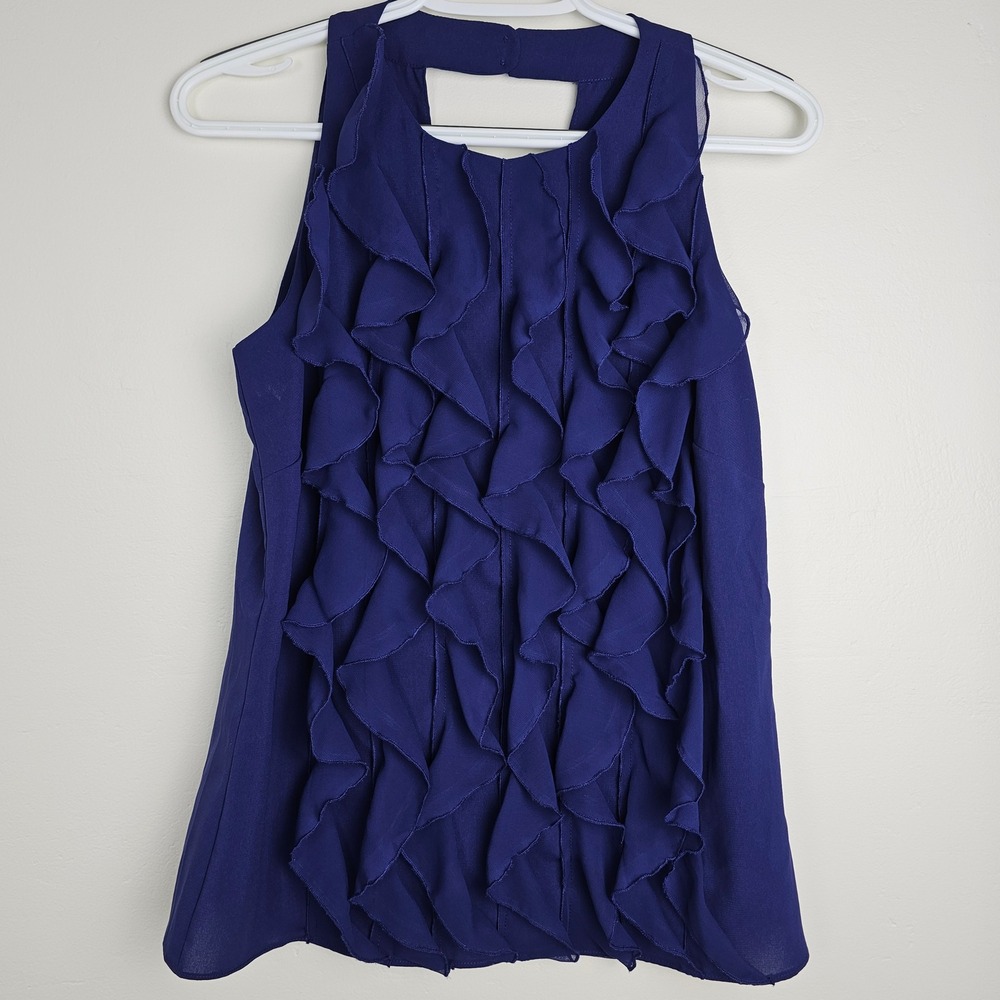 Trulli Ruffle Blouse Women XS Blue Sleeveless Keyhole Back Tiered Chiffon
